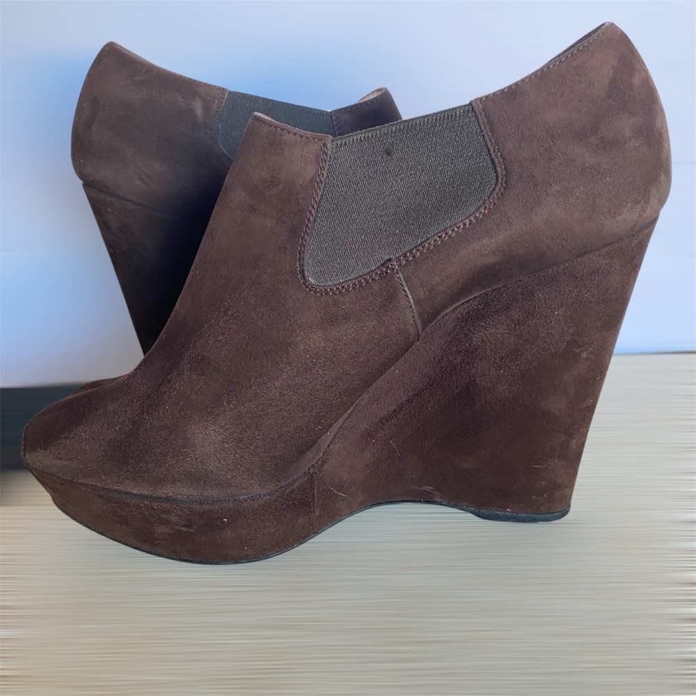 Prada Suede Peep Toe Wedge Booties - Picture 2 of 7